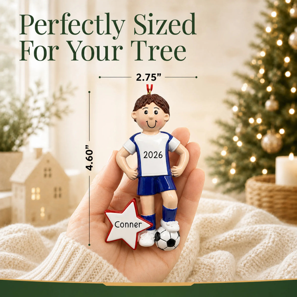 Size guide: the personalized soccer all-star boy christmas ornament is 2.75 in wide by 4.60 in tall, shown in hand