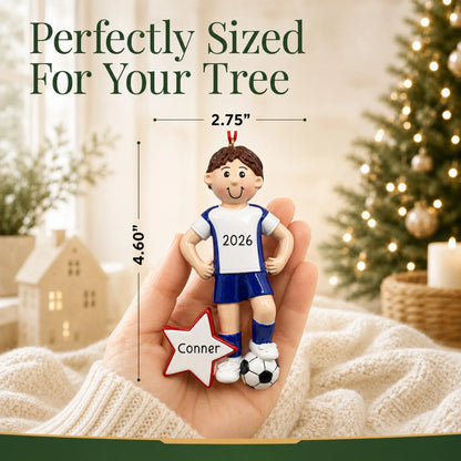 Size guide: the personalized soccer all-star boy christmas ornament is 2.75 in wide by 4.60 in tall, shown in hand