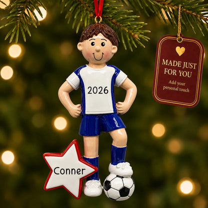 Soccer all-star boy christmas ornament hanging on a lit Christmas tree with a Made Just For You gift tag