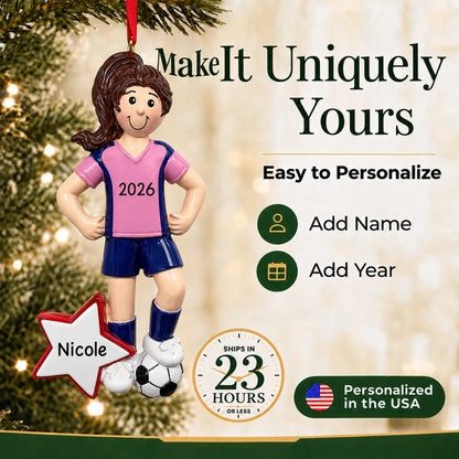 Make it yours: add name and year to the personalized soccer all-star girl christmas ornament