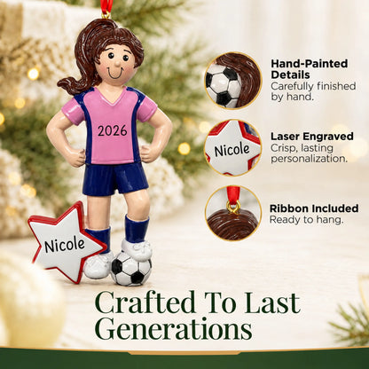 Hand-painted details and laser engraved personalization on the soccer all-star girl christmas ornament, ribbon included