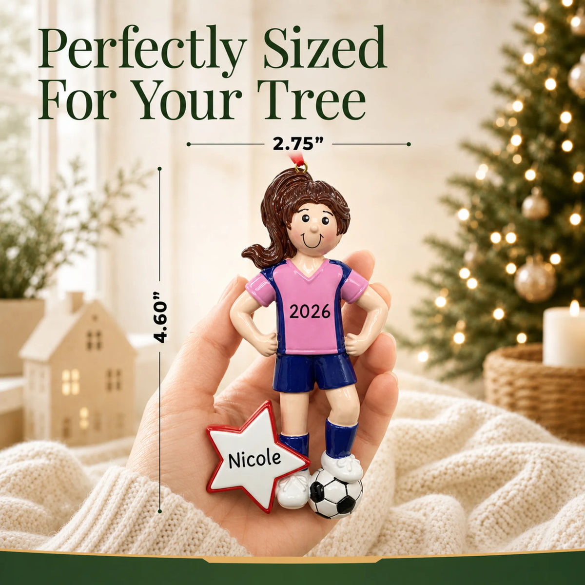 Size guide: the personalized soccer all-star girl christmas ornament is 2.75 in wide by 4.60 in tall, shown in hand