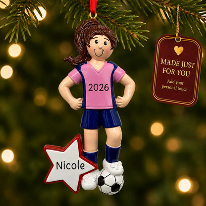 Soccer all-star girl christmas ornament hanging on a lit Christmas tree with a Made Just For You gift tag