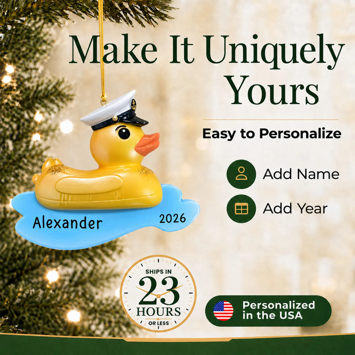 Make it yours: add name and year to the personalized rubber ducky floatie christmas ornament