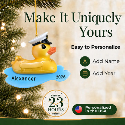 Make it yours: add name and year to the personalized rubber ducky floatie christmas ornament