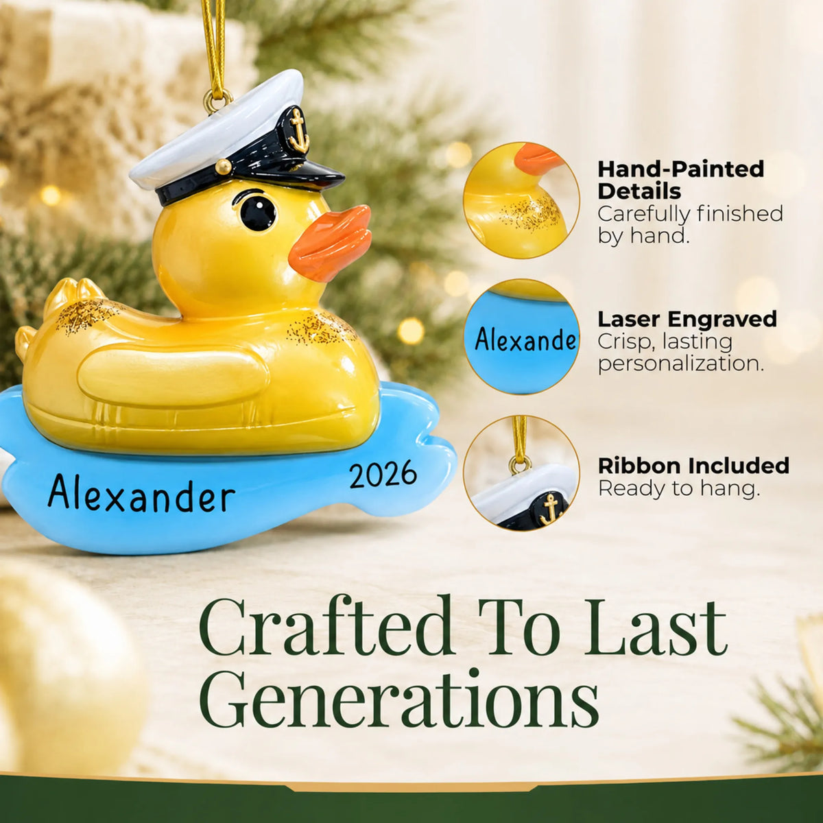 Hand-painted details and laser engraved personalization on the rubber ducky floatie christmas ornament, ribbon included