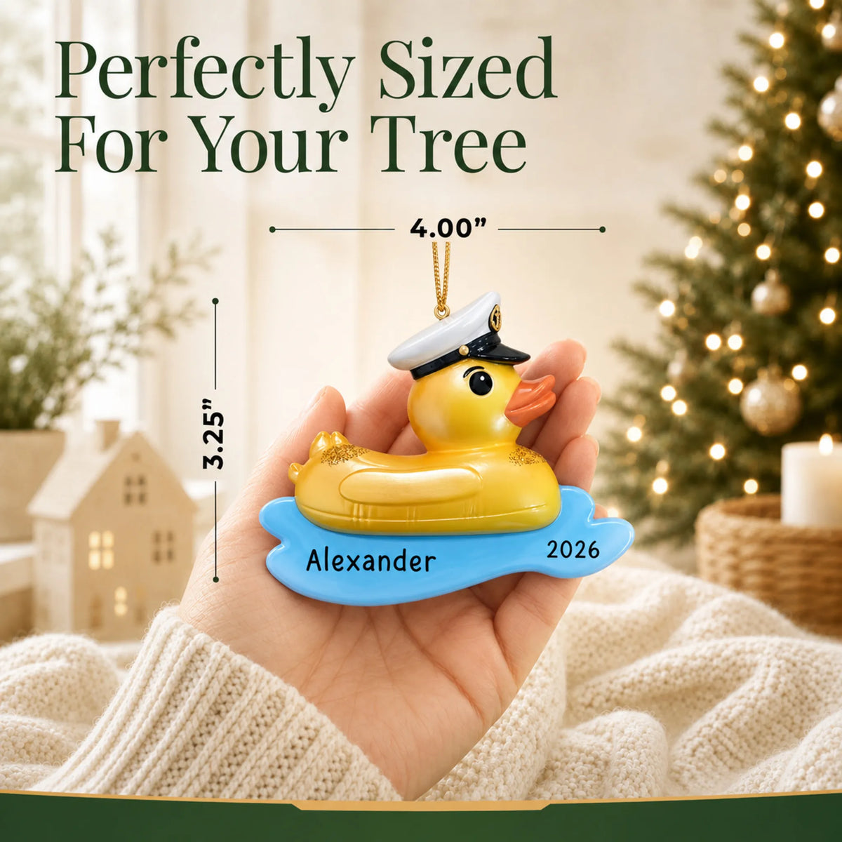Size guide: the personalized rubber ducky floatie christmas ornament is 4.00 in wide by 3.25 in tall, shown in hand
