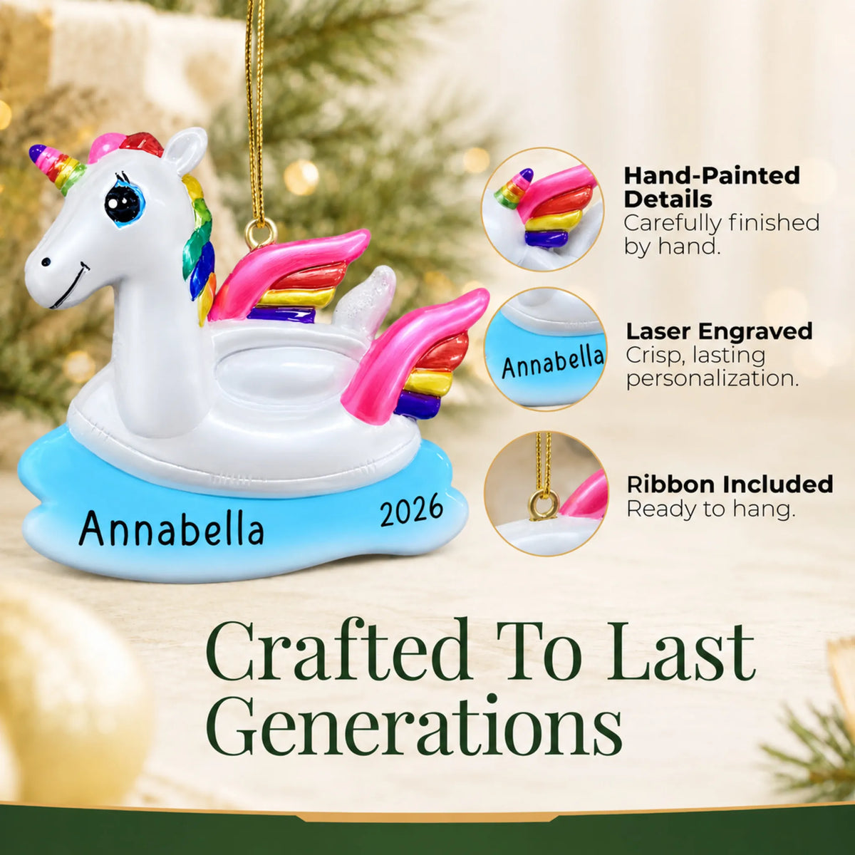 Hand-painted details and laser engraved personalization on the unicorn floatie christmas ornament, ribbon included