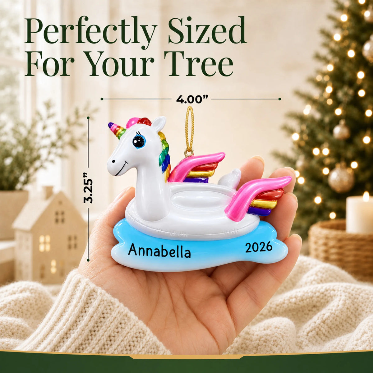 Size guide: the personalized unicorn floatie christmas ornament is 4.00 in wide by 3.25 in tall, shown in hand