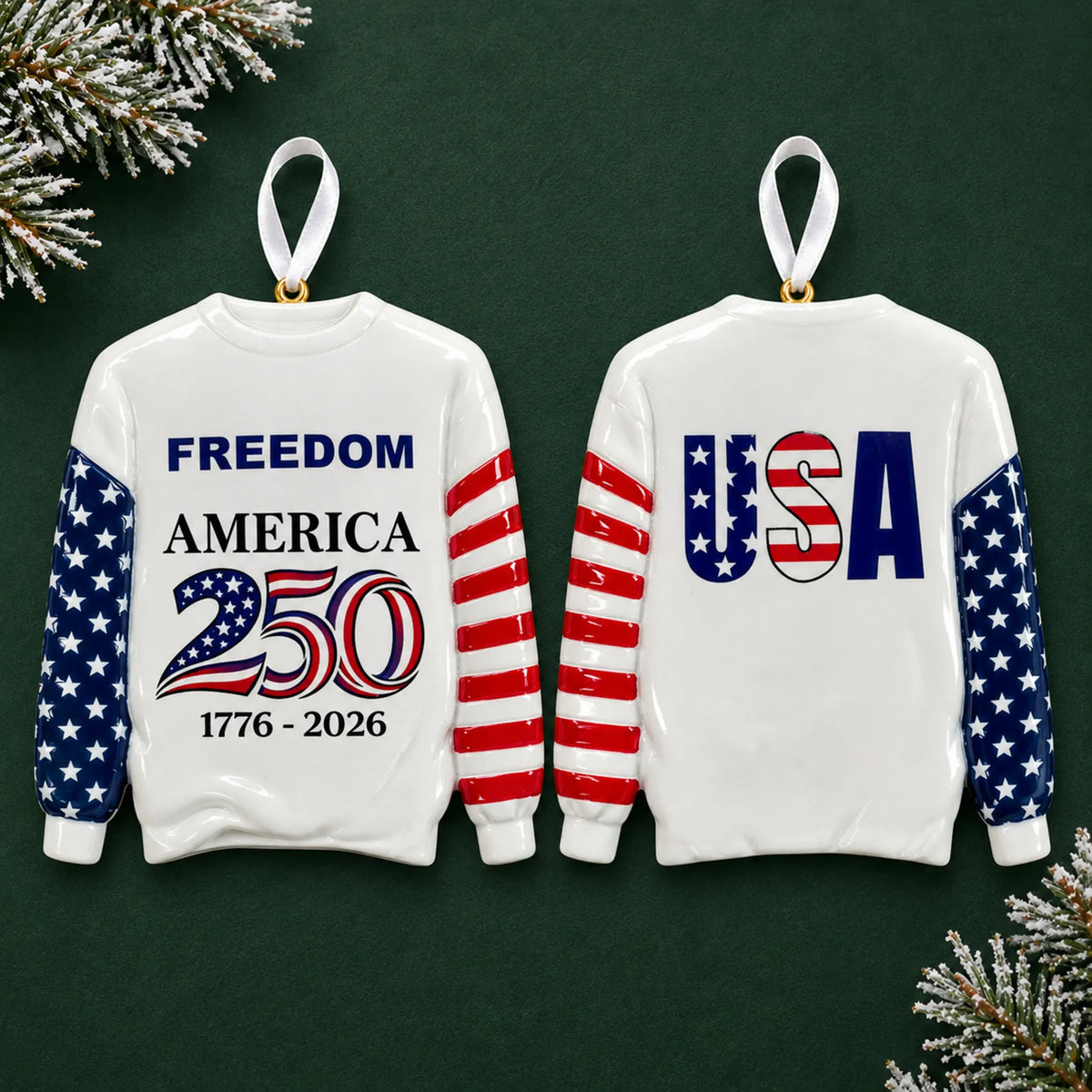Personalized America 250 sweatshirt Christmas ornament with name and year, shown on a green holiday background