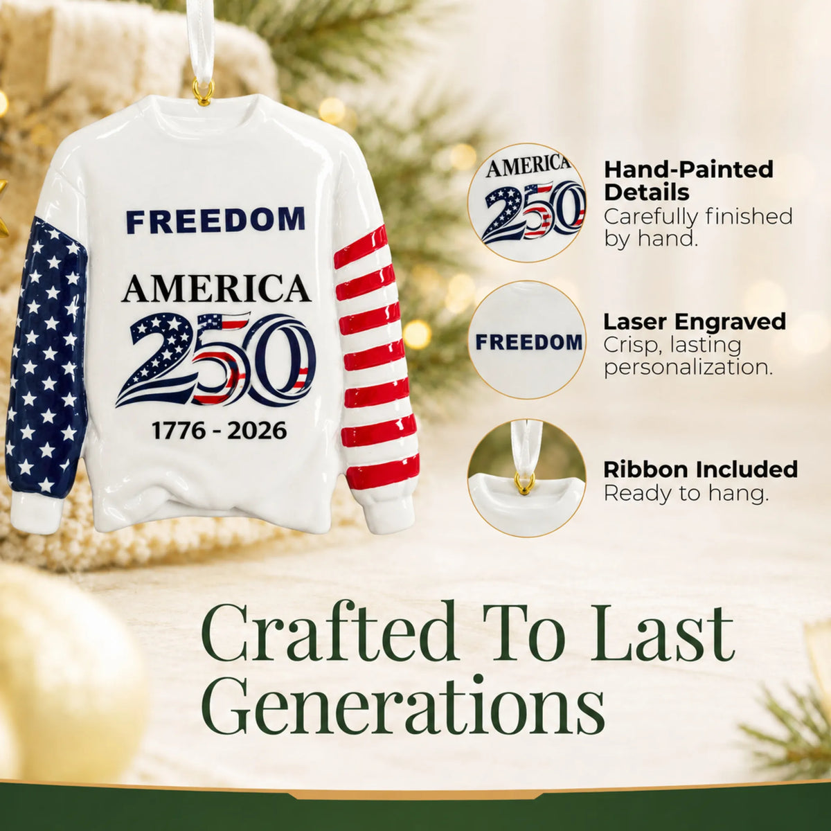 Close-up of the America 250 sweatshirt Christmas ornament: hand-painted finish, laser engraving, ribbon included