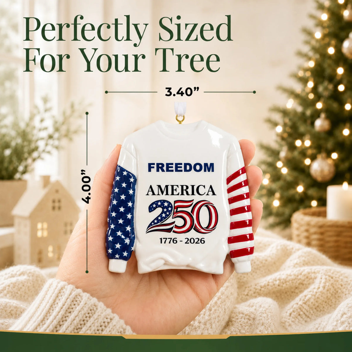 Personalized America 250 sweatshirt Christmas ornament held in hand to show its size on the tree