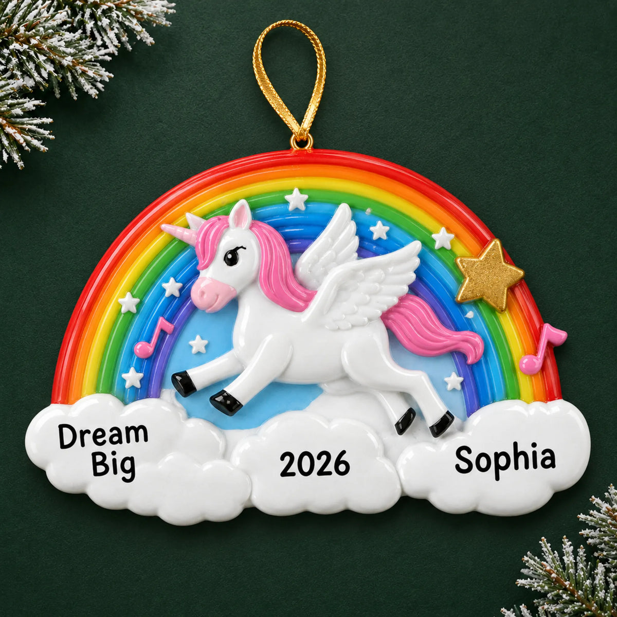 Personalized rainbow unicorn sparkles christmas ornament on a dark green pine background