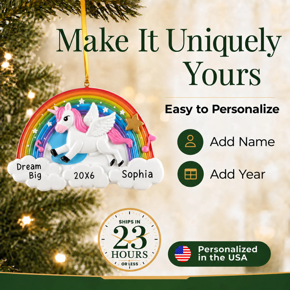 Make it yours: add name and year to the personalized rainbow unicorn sparkles christmas ornament