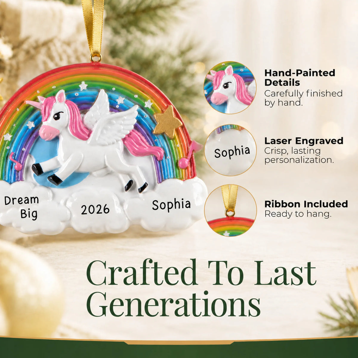 Hand-painted details and laser engraved personalization on the rainbow unicorn sparkles christmas ornament, ribbon included