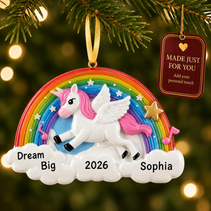 Rainbow unicorn sparkles christmas ornament hanging on a lit Christmas tree with a Made Just For You gift tag