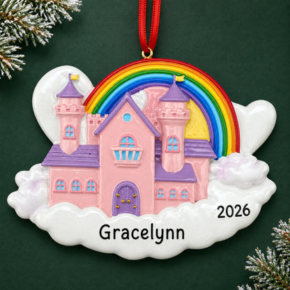 Personalized princess castle magical rainbow christmas ornament on a dark green pine background