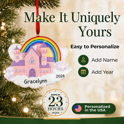 Make it yours: add name and year to the personalized princess castle magical rainbow christmas ornament