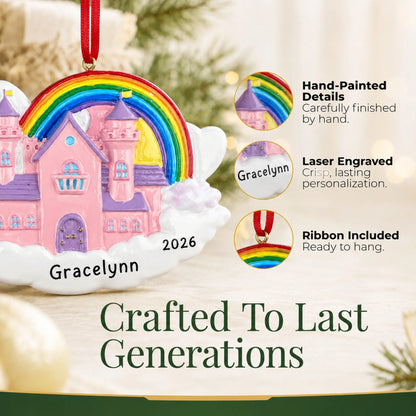 Hand-painted, laser engraved princess castle magical rainbow christmas ornament, ribbon included