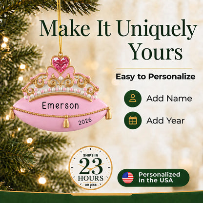 Make it yours: add name and year to the personalized princess tiara christmas ornament