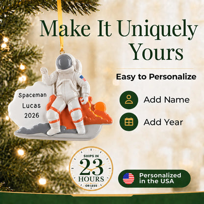 Make it yours: add name and year to the personalized astronaut christmas ornament