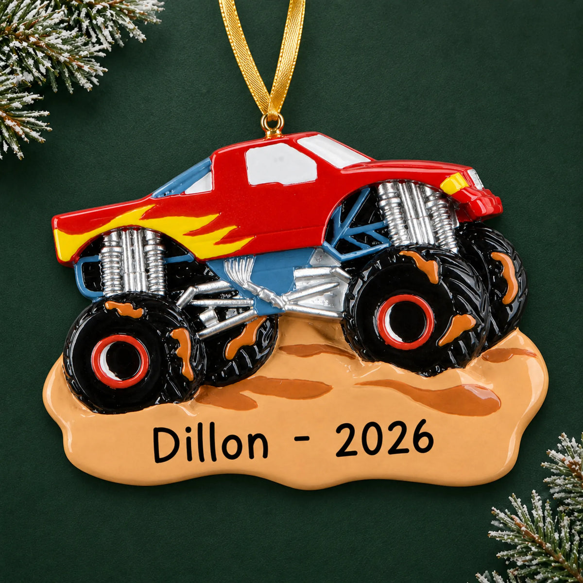Personalized monster truck muddin christmas ornament on a dark green pine background