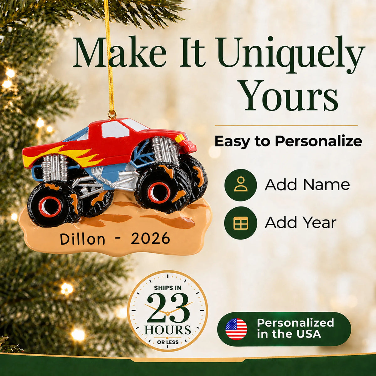 Make it yours: add name and year to the personalized monster truck muddin christmas ornament
