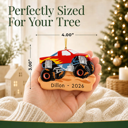 Size guide: the personalized monster truck muddin christmas ornament shown in hand next to a Christmas tree
