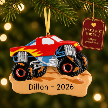 Monster truck muddin christmas ornament hanging on a lit Christmas tree with a Made Just For You gift tag
