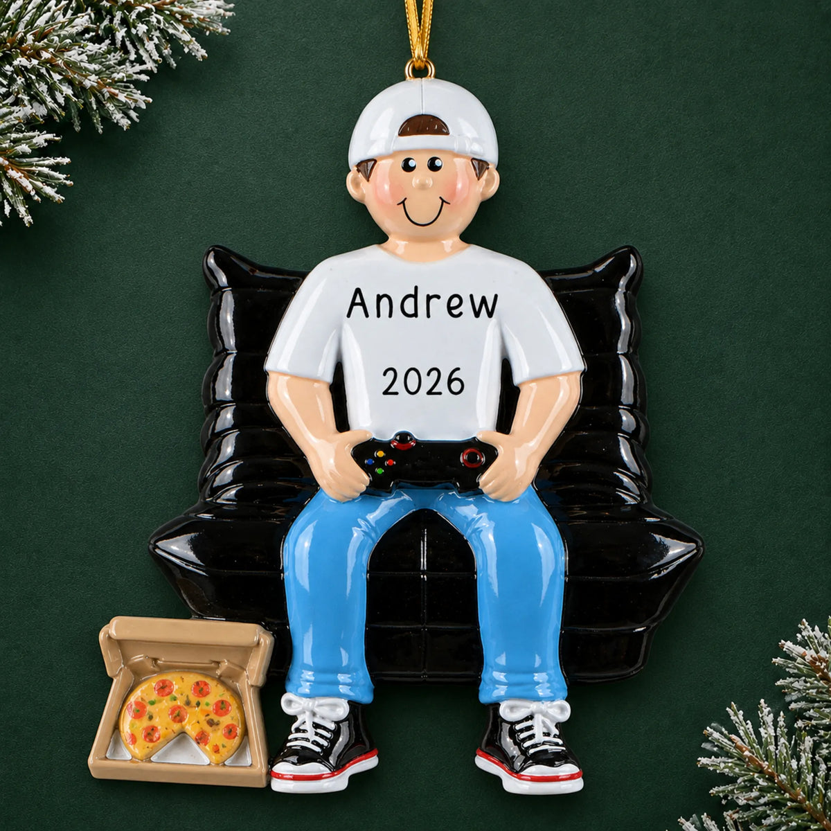 Personalized gamer boy christmas ornament on a dark green pine background