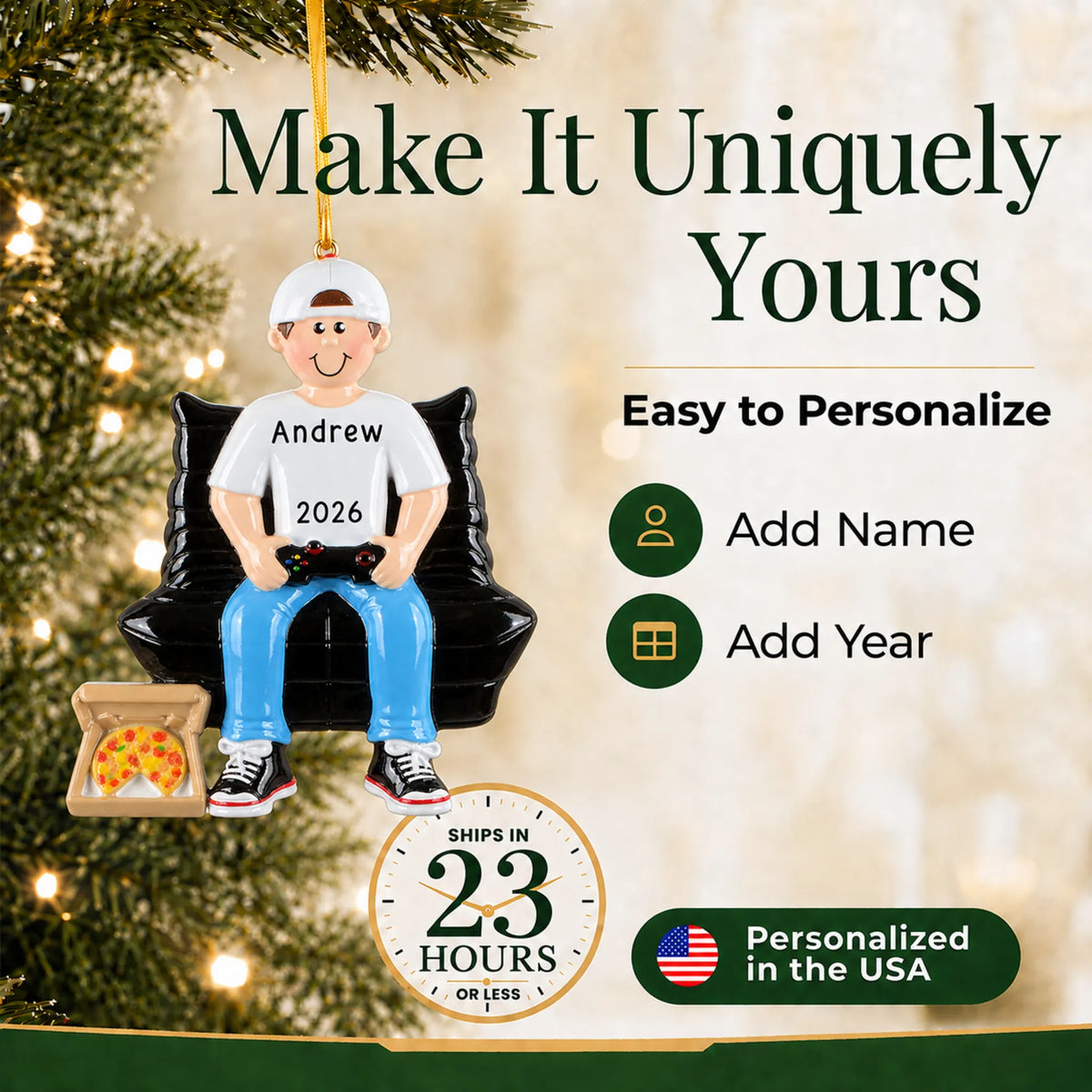 Make it yours: add name and year to the personalized gamer boy christmas ornament