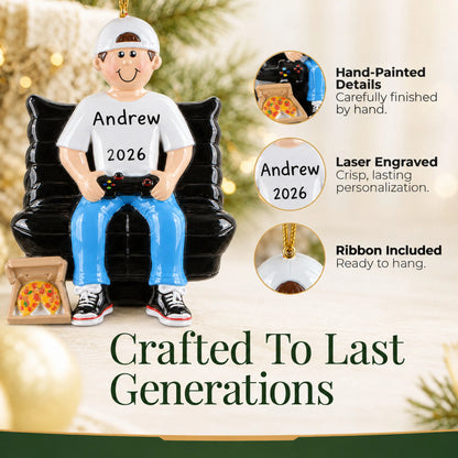 Hand-painted details and laser engraved personalization on the gamer boy christmas ornament, ribbon included