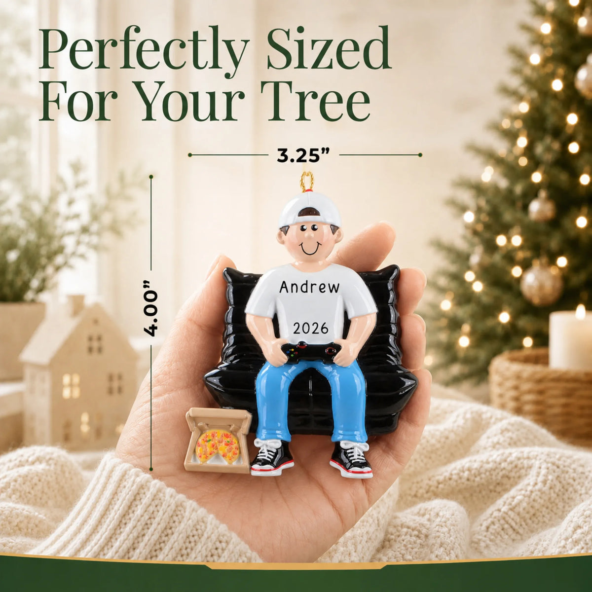 Size guide: the personalized gamer boy christmas ornament is 3.25 in wide by 4.00 in tall, shown in hand