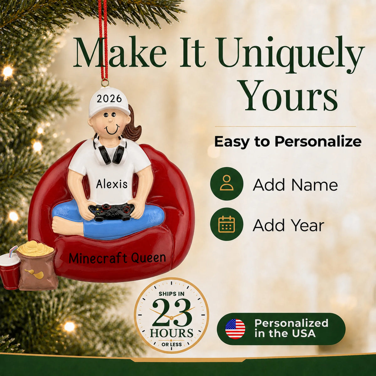 Make it yours: add name and year to the personalized gamer girl christmas ornament