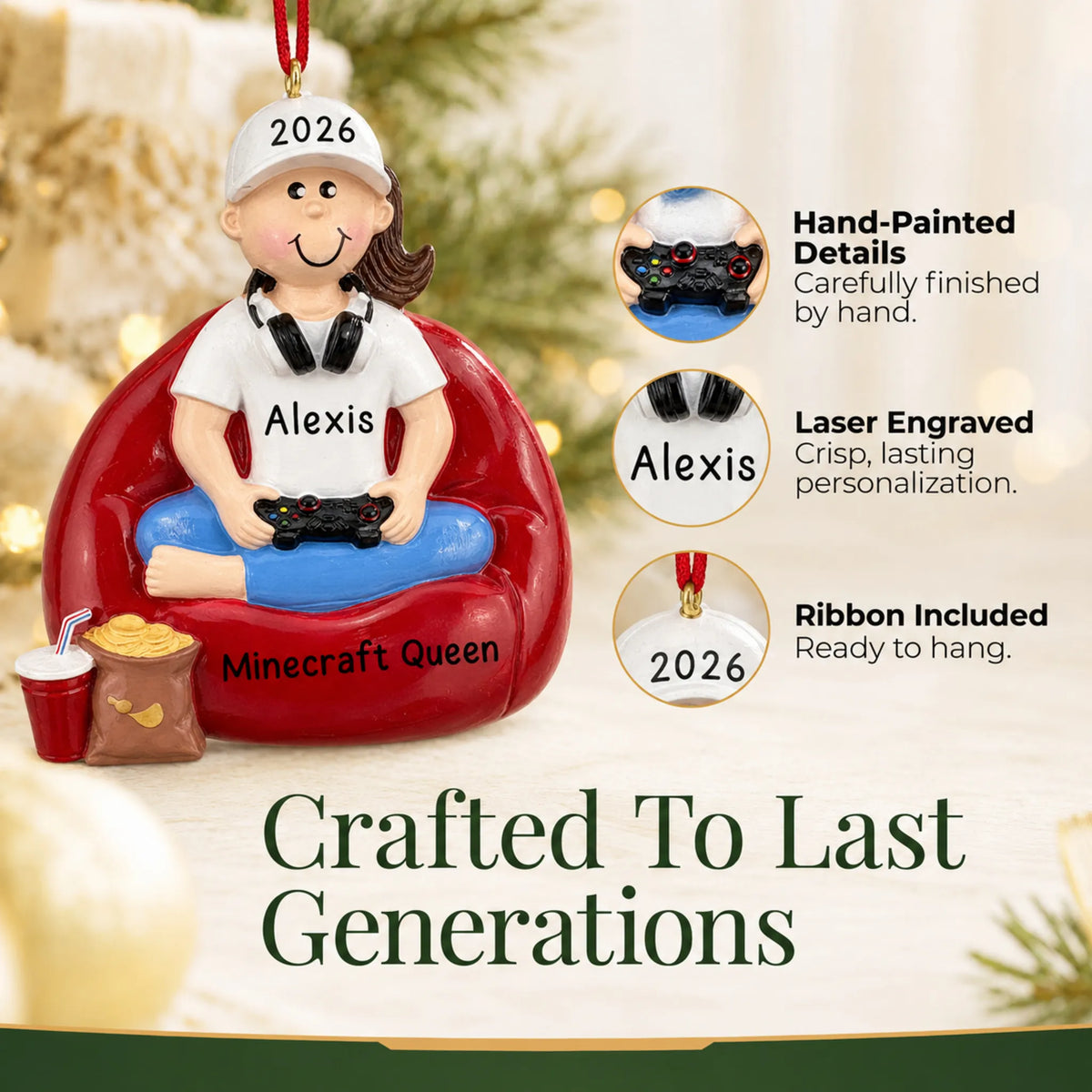 Hand-painted details and laser engraved personalization on the gamer girl christmas ornament, ribbon included