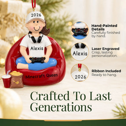 Hand-painted details and laser engraved personalization on the gamer girl christmas ornament, ribbon included