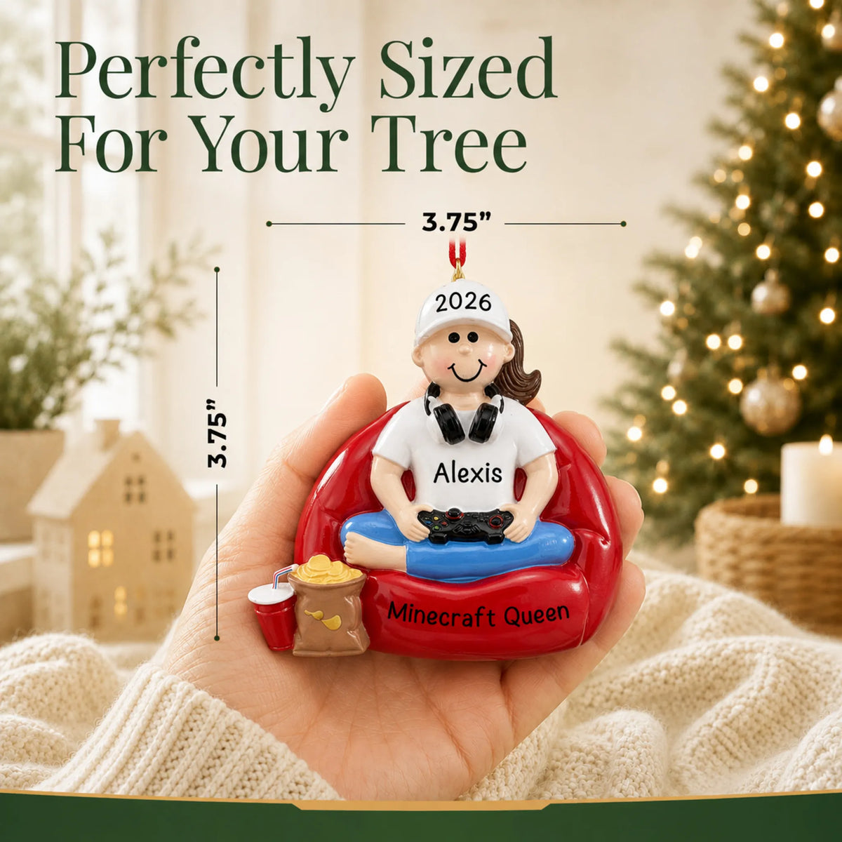 Size guide: the personalized gamer girl christmas ornament is 3.75 in wide by 3.75 in tall, shown in hand