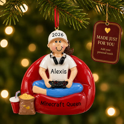 Gamer girl christmas ornament hanging on a lit Christmas tree with a Made Just For You gift tag