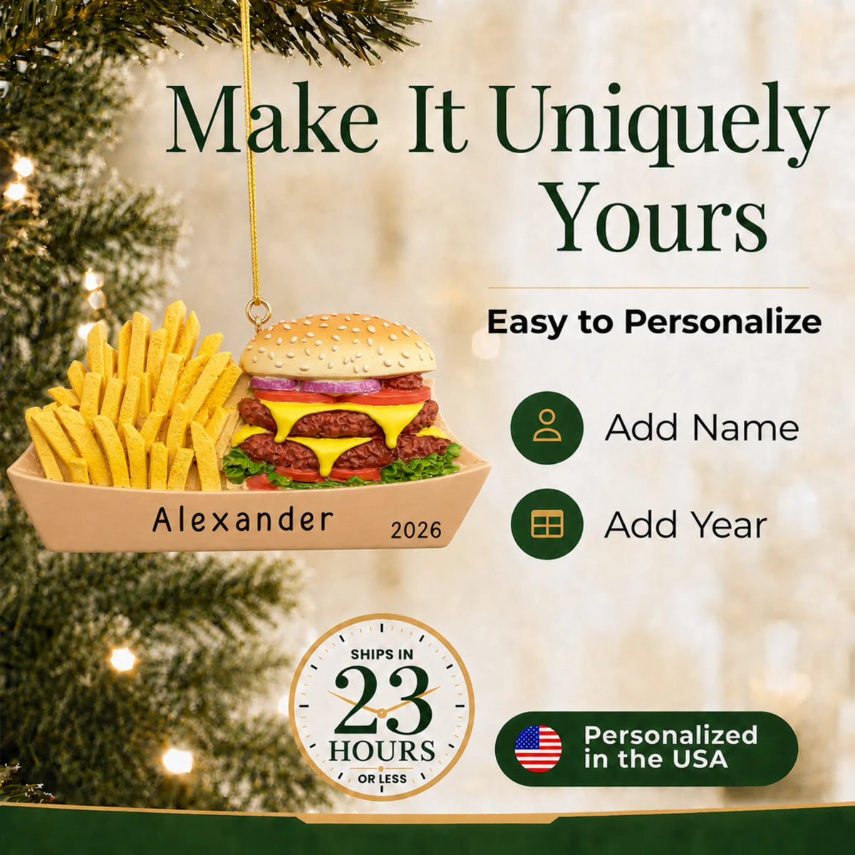 Make it yours: personalize the Burger & Fries christmas ornament