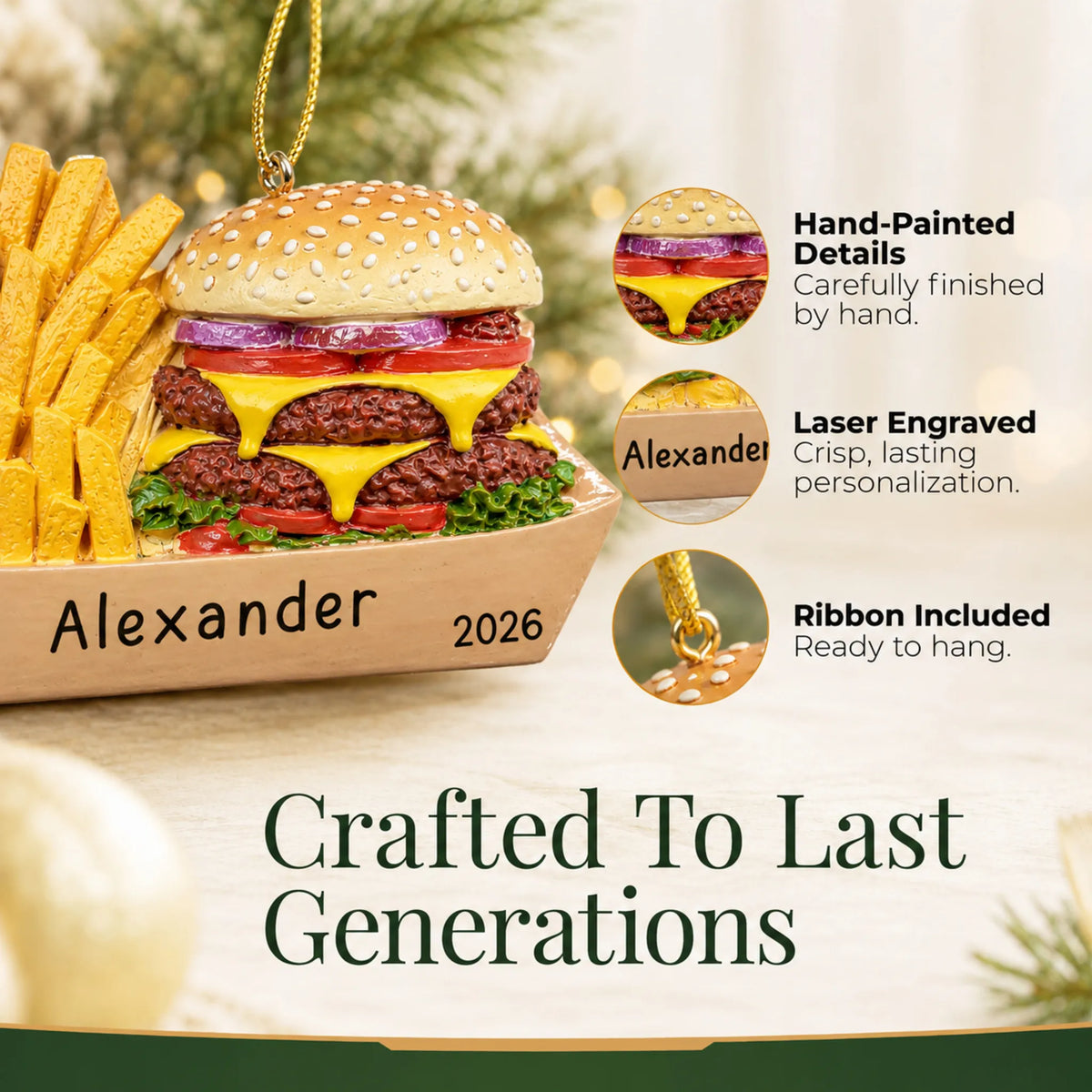 Hand-painted details and laser engraved personalization on the Burger & Fries christmas ornament, ribbon included