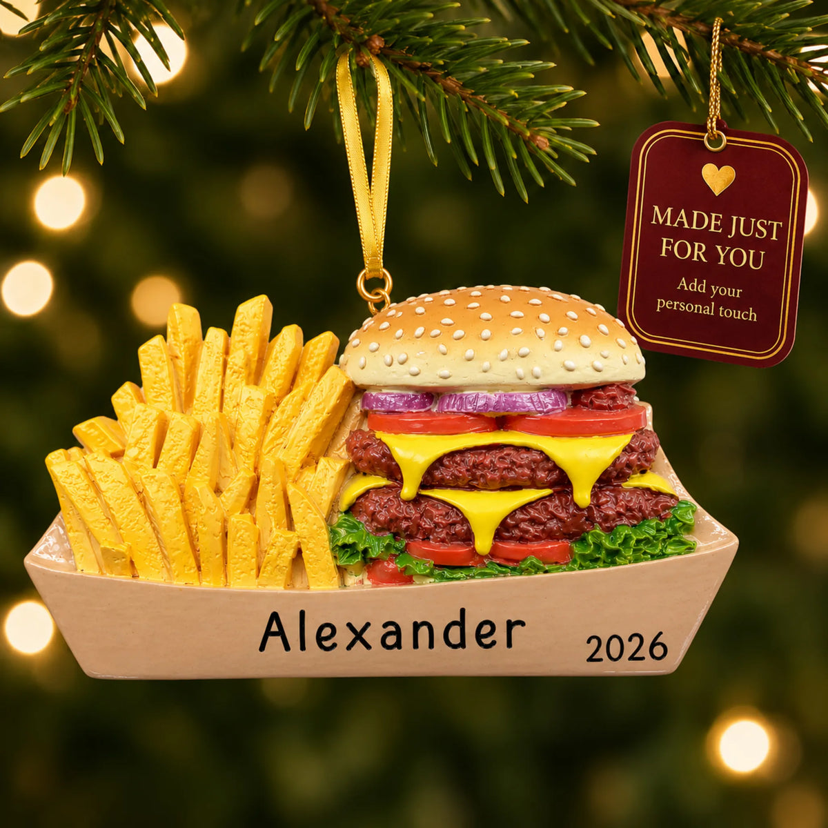Burger & Fries christmas ornament hanging on a lit Christmas tree with a Made Just For You gift tag