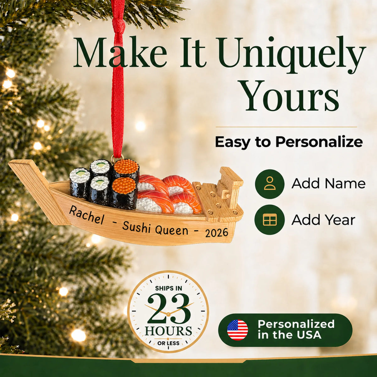 Make it yours: personalize the Sushi Boat christmas ornament