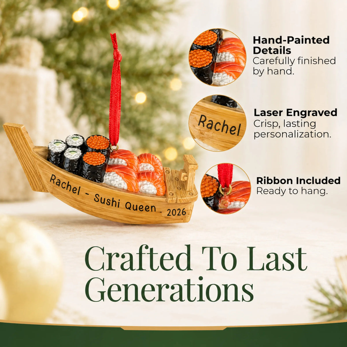 Hand-painted details and laser engraved personalization on the Sushi Boat christmas ornament, ribbon included