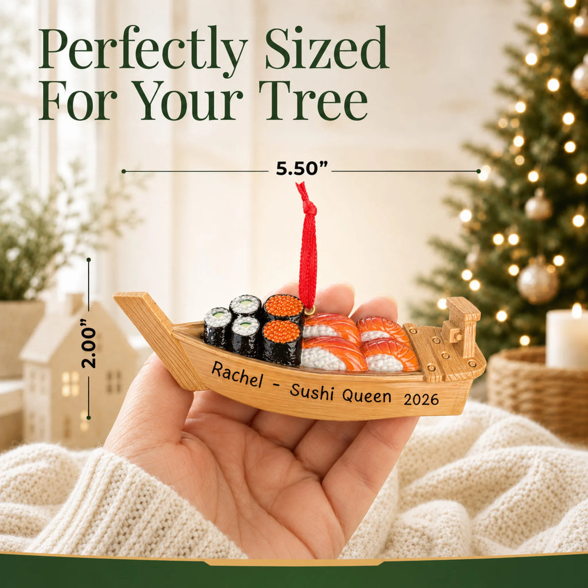 Size guide: the personalized Sushi Boat christmas ornament is 5.50 in wide by 2.00 in tall, shown in hand