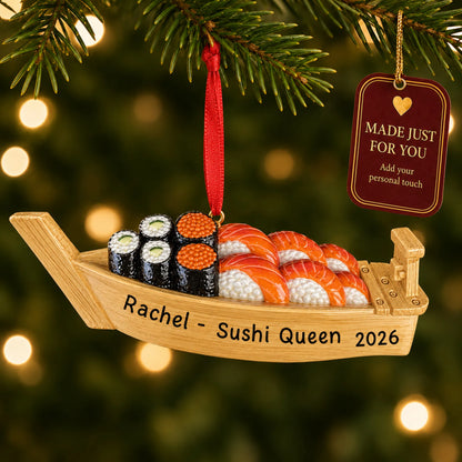 Sushi Boat christmas ornament hanging on a lit Christmas tree with a Made Just For You gift tag