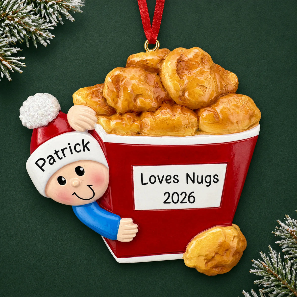 Personalized Chicken Nuggets christmas ornament on a dark green pine background