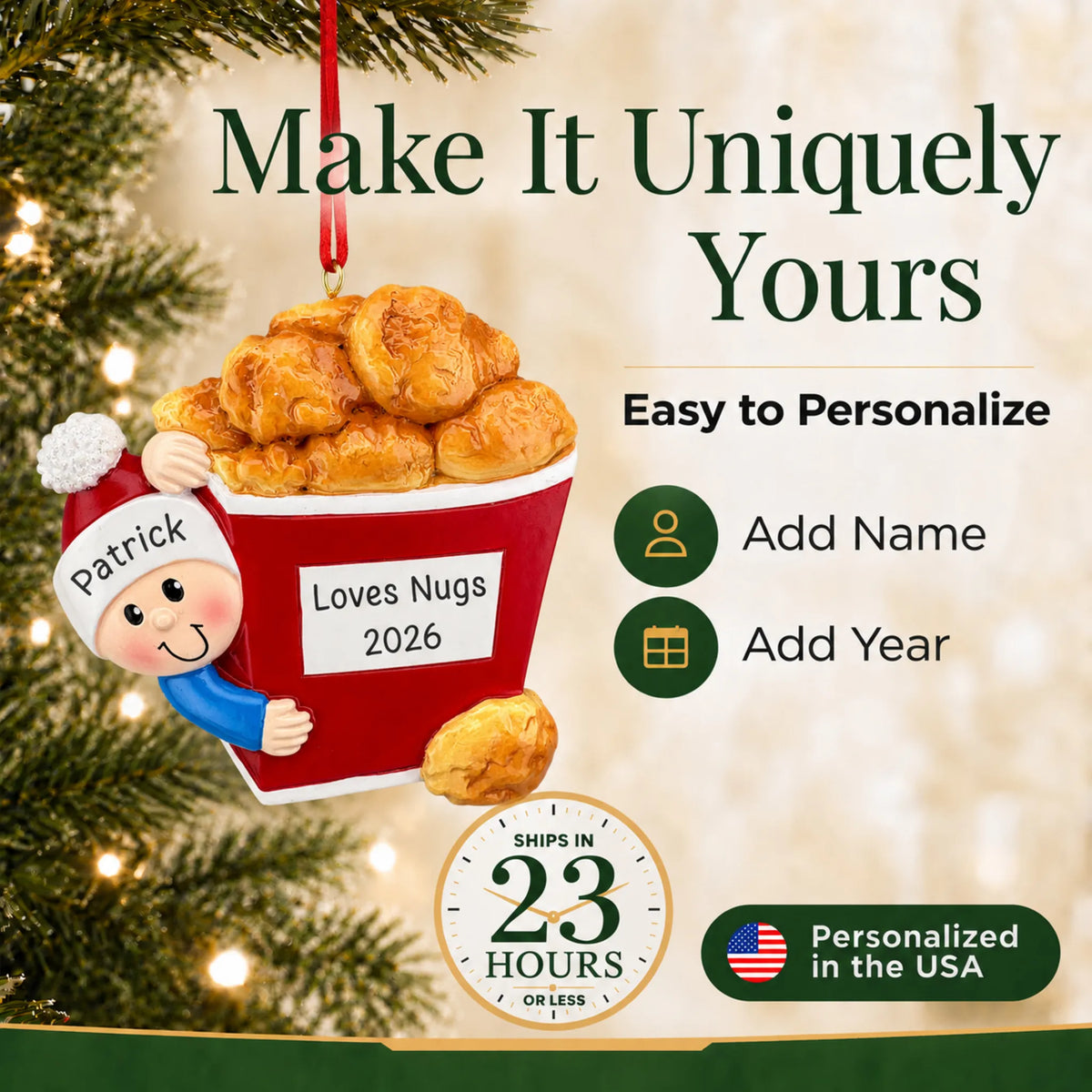Make it yours: personalize the Chicken Nuggets christmas ornament