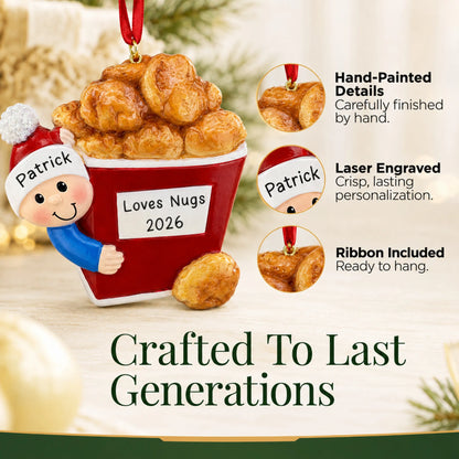 Hand-painted details and laser engraved personalization on the Chicken Nuggets christmas ornament, ribbon included