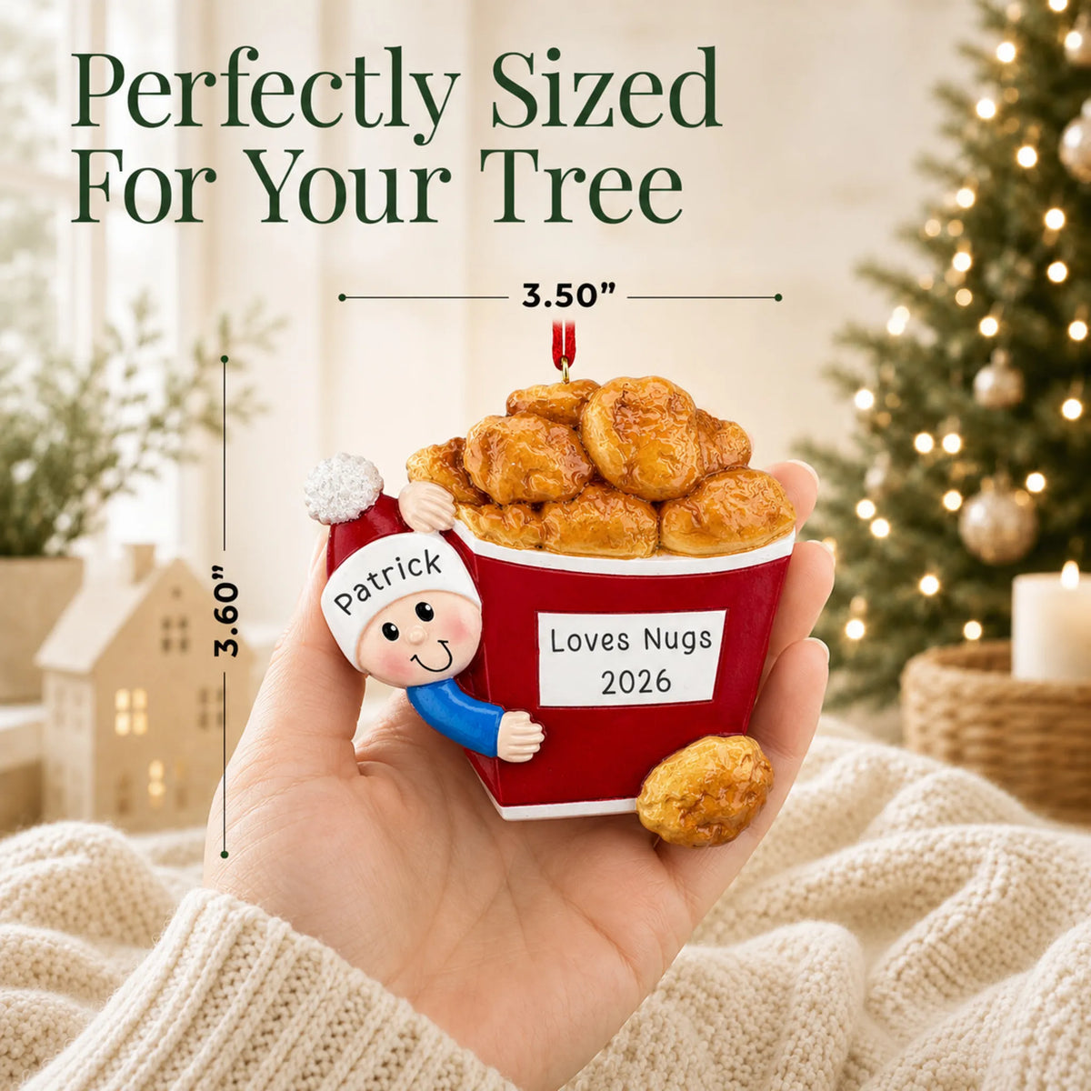 Size guide: the personalized Chicken Nuggets christmas ornament is 3.50 in wide by 3.60 in tall, shown in hand