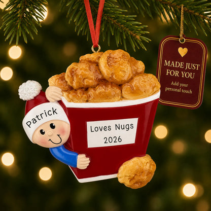 Chicken Nuggets christmas ornament hanging on a lit Christmas tree with a Made Just For You gift tag